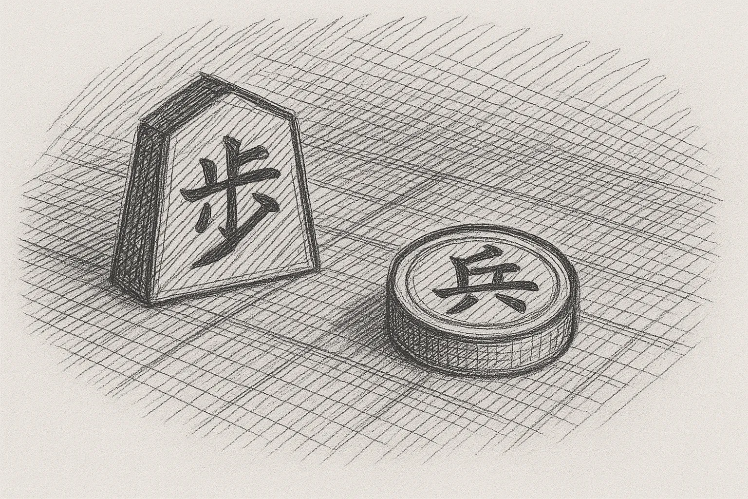 Hand-drawn sketch of Asian board game pieces illustrating cross-cultural game notation systems
